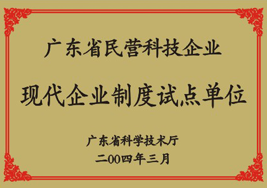 2004年廣東省民營(yíng)科技企業(yè)現(xiàn)代企業(yè)制度試點(diǎn)單位證書(shū)